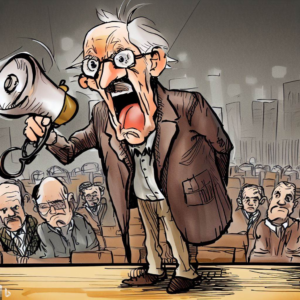 cartoon of old man addressing a city council with a hand held microphone