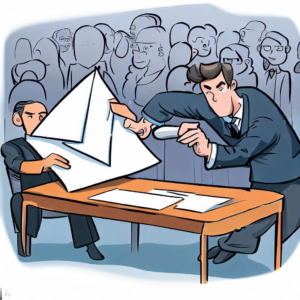 professional applicant discreetly sliding a sealed envelope across a table to a person while other people try to see what is happening but are not able to see. cartoon